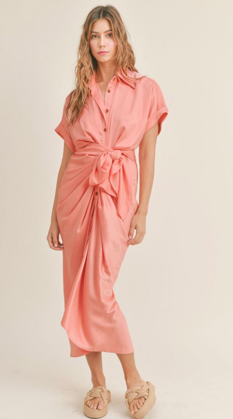 Mabel Peach/Orange Sherbet Silky Eleanor Midi Dress